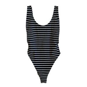 Aerie Women's‎ Super Scoop One-Piece Swimsuit Black White Stripes Cheeky Size M